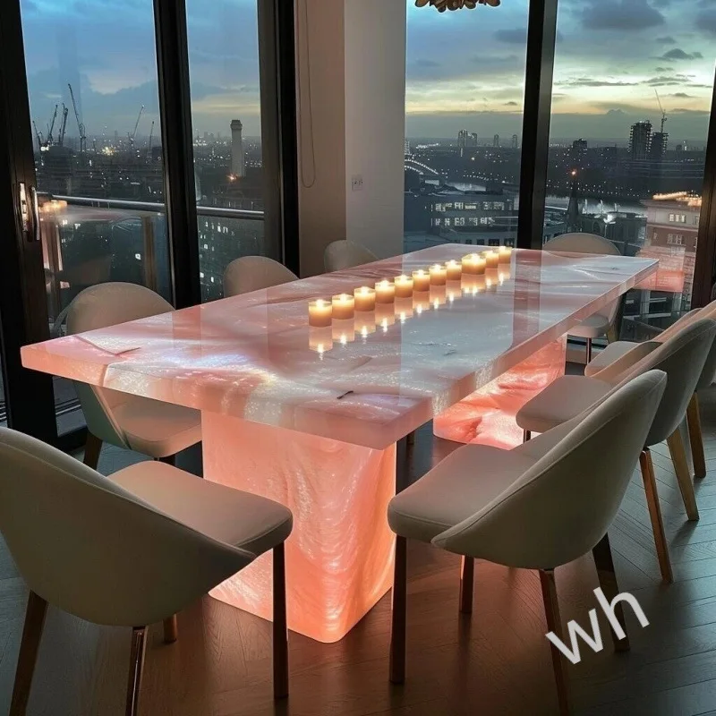 Dining table natural luxury stone rectangular pink island white jade light luxury high-end marble dining table