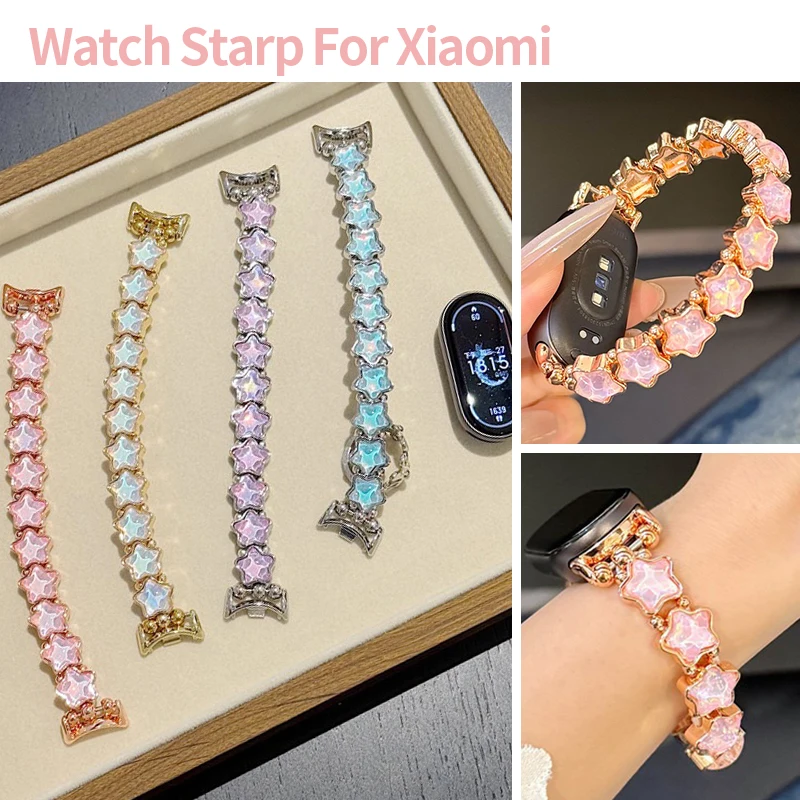 Gradient Star Rhinestone Jewelry Bracelet Strap for Xiaomi Mi Band 10 9 8 Pro Bling Luxury Metal Wristband for Redmi Watch 6 5 4