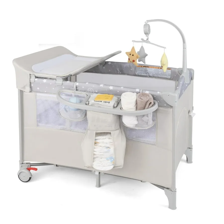 حزمة وتشغيل 5 في 1، نائمة محمولة بجانب السرير للأطفال مع سرير، مبدل حفاضات على شكل حرف U، حزام أمان، مدخل بسحاب جانبي،
