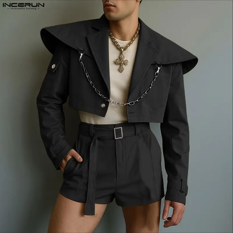 Incerun conjuntos masculinos cor sólida manga longa colheita jaquetas & shorts duas peças define streetwear solto 2025 moda casual ternos masculinos