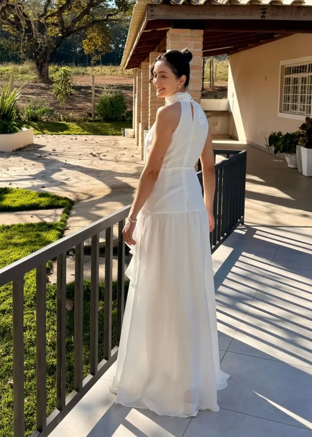 Women Elegant Halter Maxi Dresses Sleeveless High Neck Chiffon Ruffle Skirt Wedding Party Long Evening Dresses for Women
