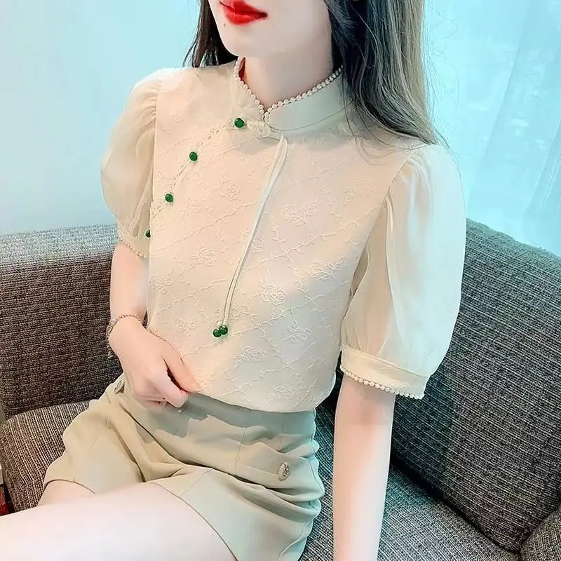 Summer New Short Sleeve Youth All-match Vintage Blouse Solid Simplicity Elegant Shirt Tops Fashion Temperament Women Clothing