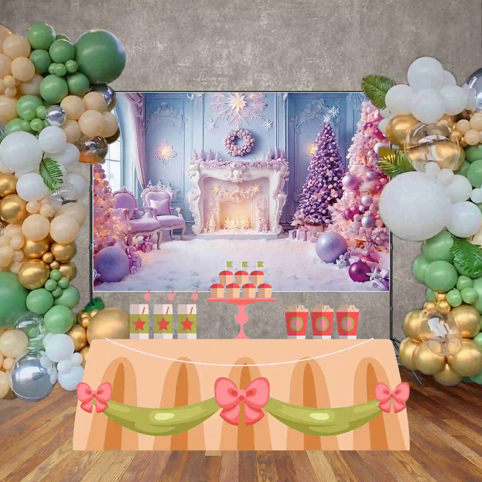 MOON.QG Western Christmas Fireplace Christmas Trees Backdrops Wall Ornamented Tree Blue Western Background Party Photocall Props