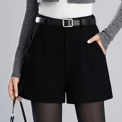 Women's High waisted Woolen Shorts For autumn Winter 2025 New Black Loose Casual wide leg A-line boot Pants Female