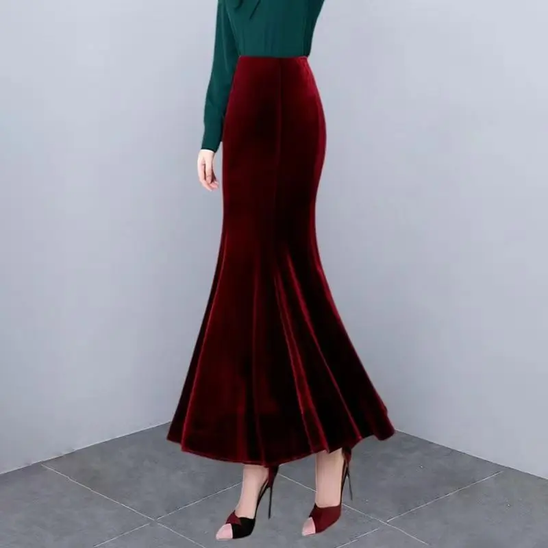Autumn and Winter New High-end Long Fishtail Plus Velvet Large Size Hip Skirt High Waist Winter Skirt Gold Velvet Skirt