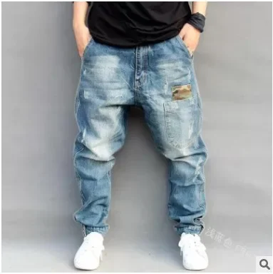 Hip Hop Mens Jeans Mid Waist Harem Pants Loose Medium Zipper Fly Full Length Little Feet Ripped Jeans for Men