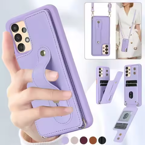 Lanyard Leather Wallet Phone Case for Samsung Galaxy S25 Edge S24 Ultra S23 Plus S22 A55 A35 A15 A54 A34 A14 A53 A13 A52S Cover