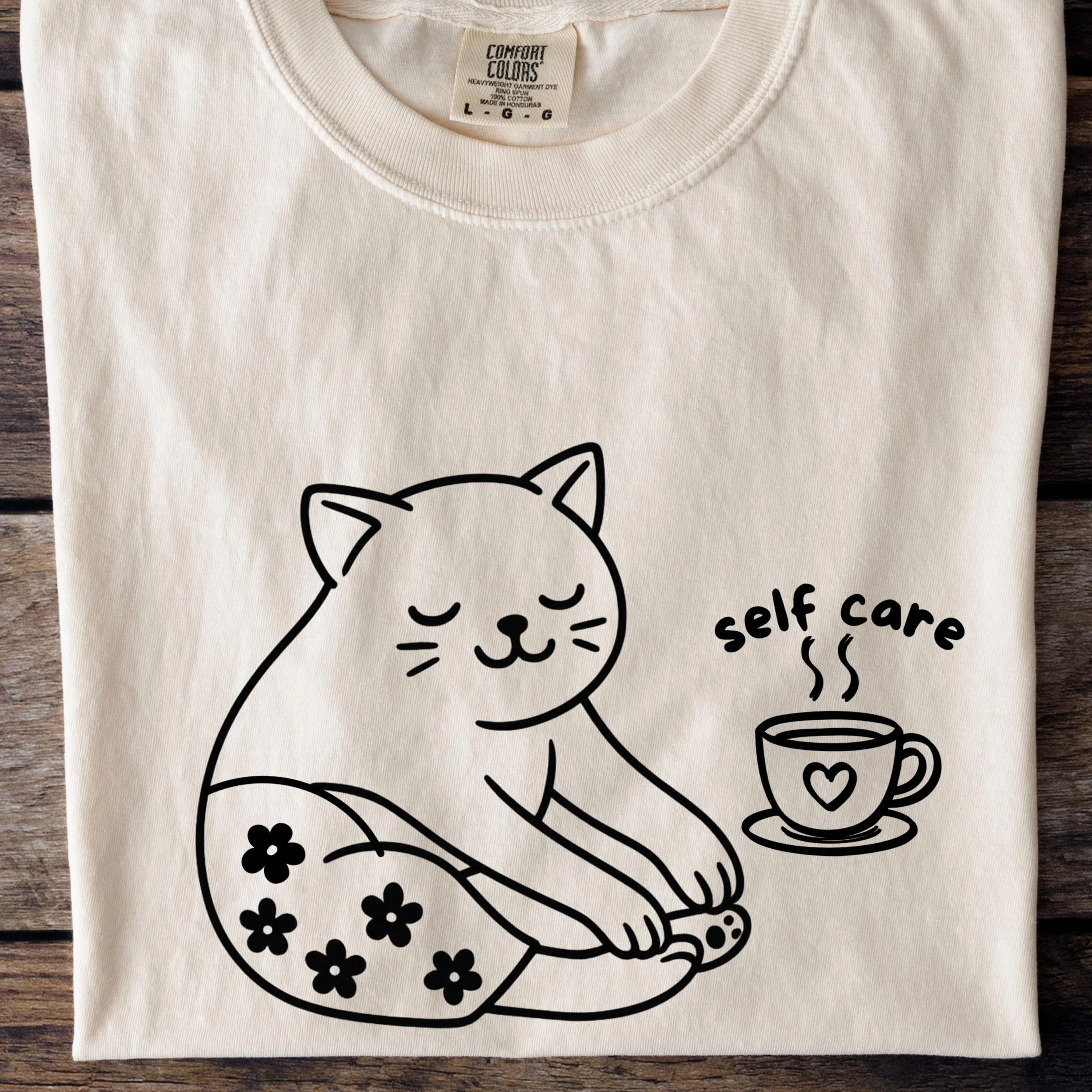 Unisex Vintage Self Care Cat Graphic T Shirt Flower Kitten Coffee Cup Print Soft Cotton Short Sleeve Casual Top