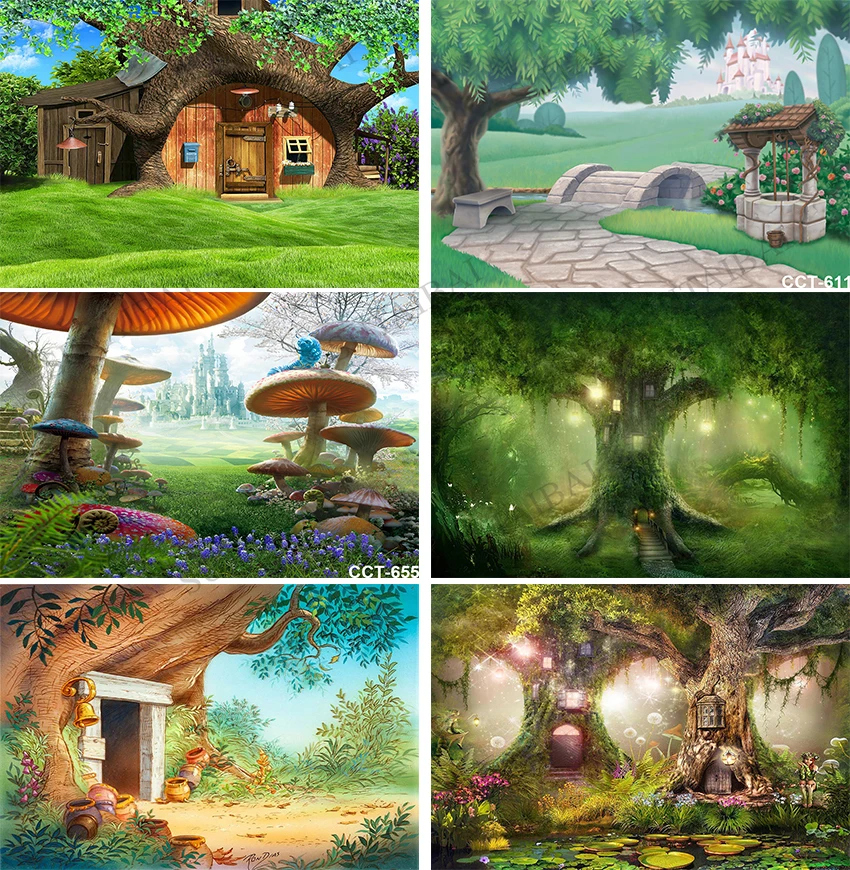 Fantasy Spring Forest Fairytale World Arched Tree Hole Baby Child Photophone Backdrop Photography Background for Photo Studio