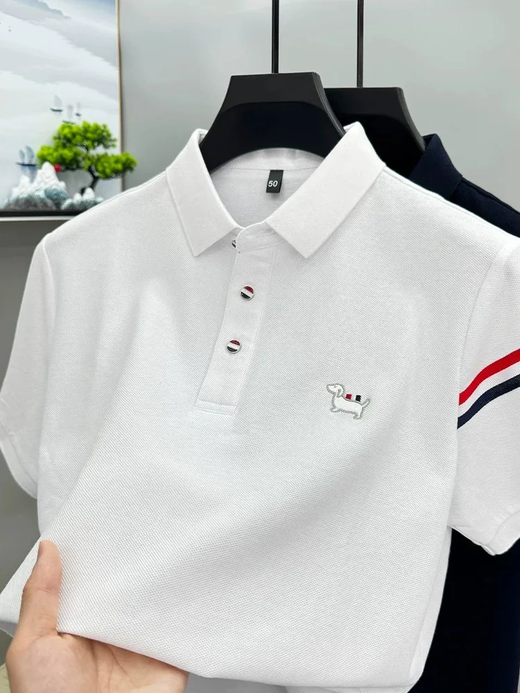 

Стопроцентно чистый хлопок модные бренды Короткие рукава поло Рубашка милые щенки вышивка полоски декоративные мягкие удобные мужские футболки