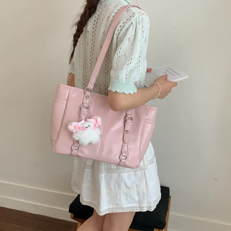 

2026 Cute Commuter Shoulder Bag With A Little Bear Pendant, Women Tote Bag Fashion School Bookbag Large Capacity Travel Handbag