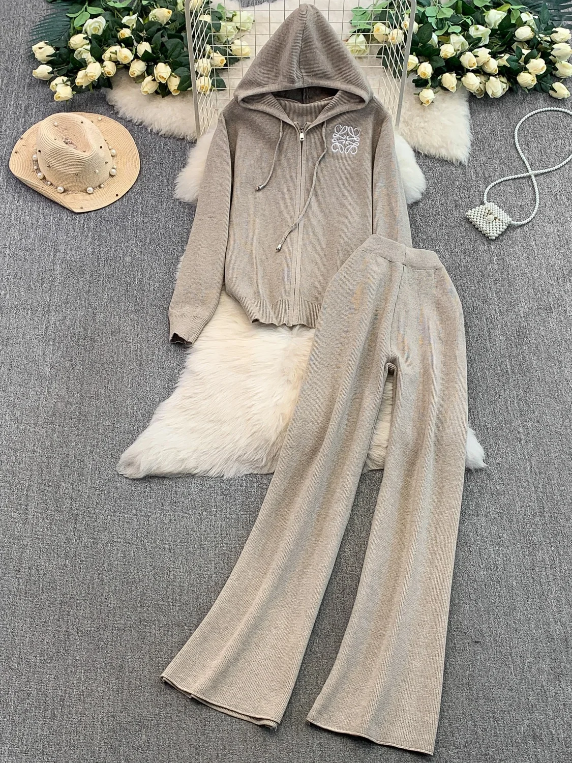 

Casual Embroidered Knitted Wide Leg Pants Set Women's Faion Loose Slimming Zipper Hooded Jaet High Waist Wide Leg Pants