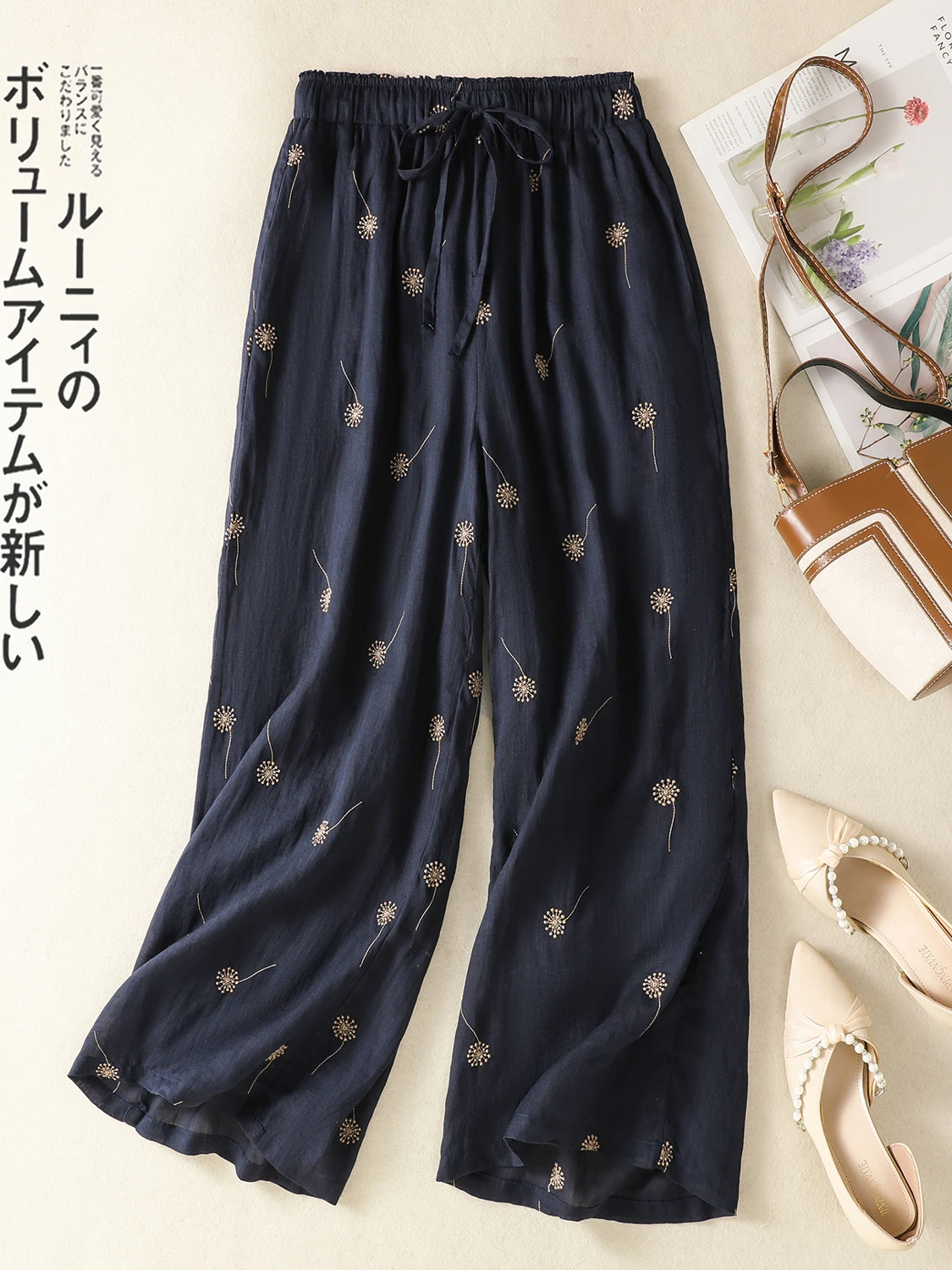 Pantalones de pierna ancha de lino y algodón con bordado pesado Retro para mujer, pantalones holgados adelgazantes informales de lino de pierna recta, pantalones de nueve piezas