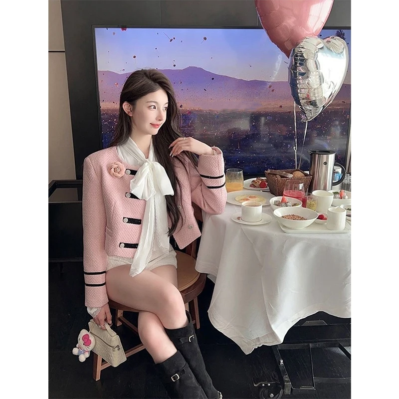Elegant Pink Tweed แจ็คเก็ตผู้หญิงแฟชั่น Cropped Patchwork เสื้อฤดูใบไม้ร่วงสุภาพสตรีเกาหลีแขนยาวสั้น Outerwears