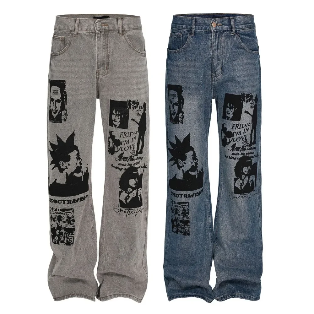 

Printed Jeans Men's and Women's Retro Vintage Loose Micro-pull Y2k Men’s Jeans