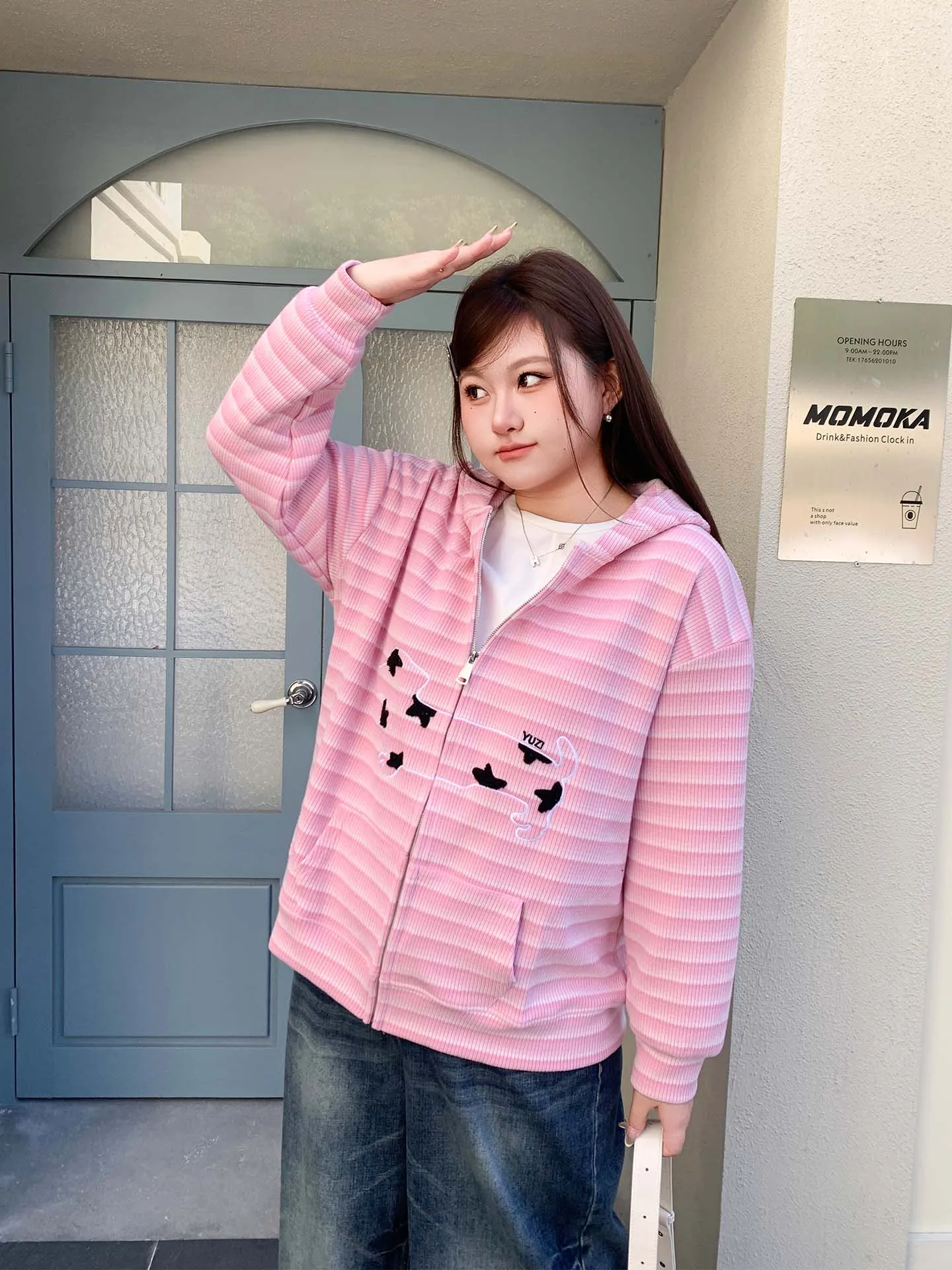 

YUZI Pink Striped Hoodie Zipper Design Rabbit Ear Embroidery Loose oulder Casual plus Size Women's Sweatirt Spring Faion