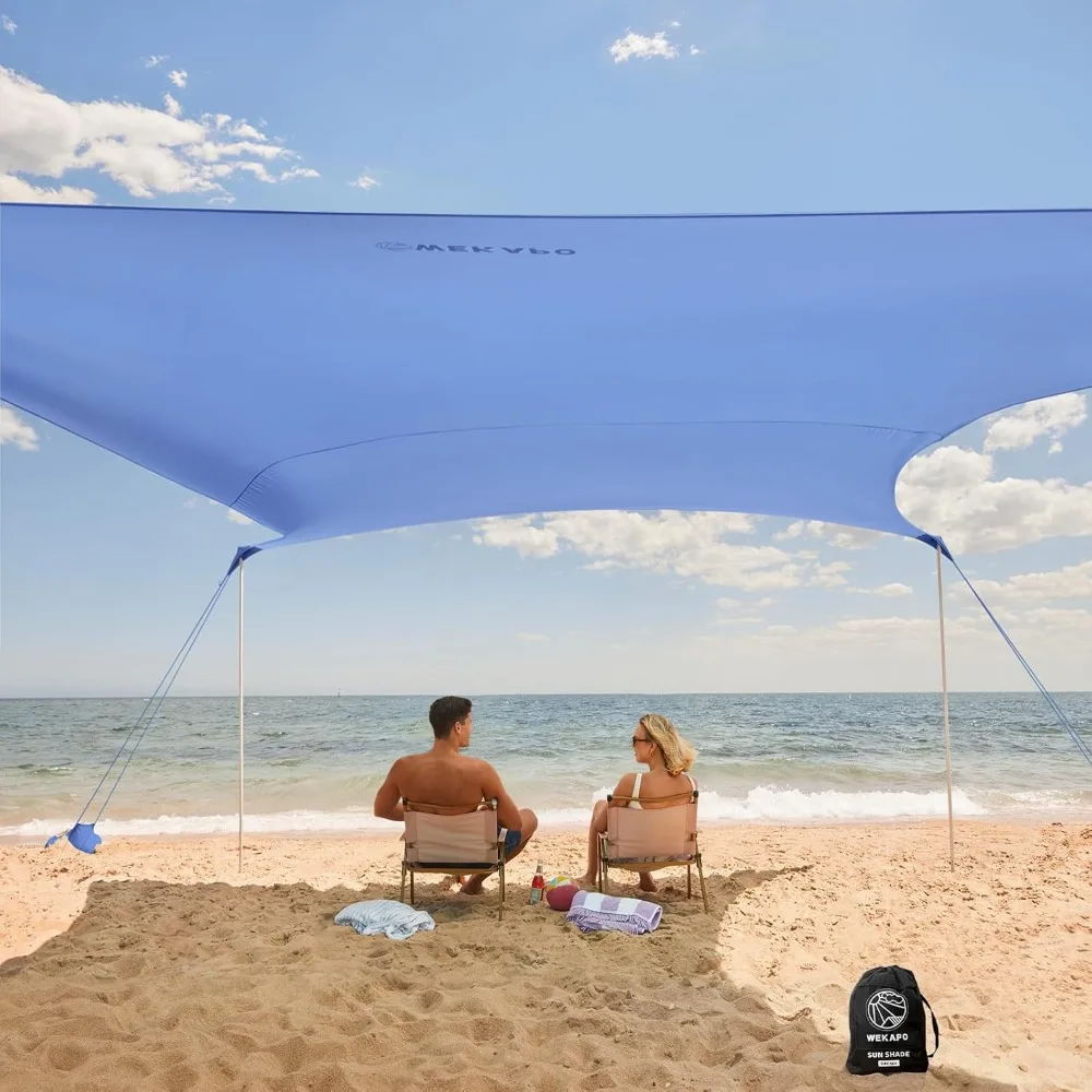 

Beach Tent Sun Shelter - Easy Setup Beach Canopy with 4 Sturdy Poles, Large Sandbags and Shovel, 7'1'' Tall, Windproof Sun Shad