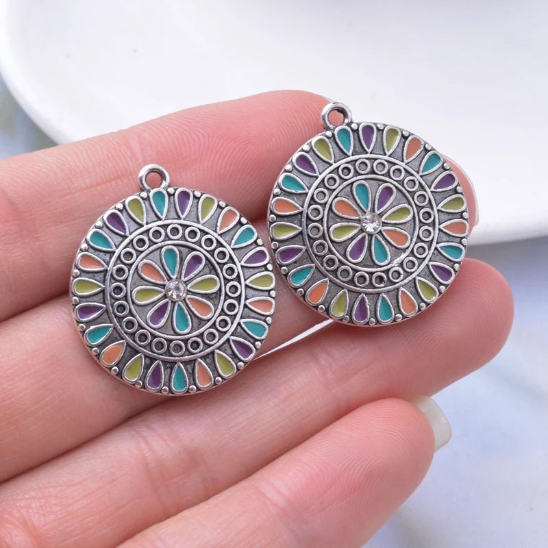 10 Stück/Set 26*24mm Antiksilberfarbene Runde Strass-Emaille-Legierungsanhänger Schmuck Ohrringe Anhänger Zubehör – Detail 6