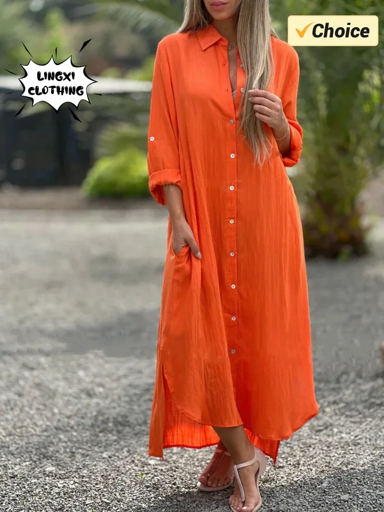 Summer New Women's Cotton and Hemp Plus Size Dress Elegant Shirt Long Dress Fashionable Casual Long Sleeve Beach Style Dress