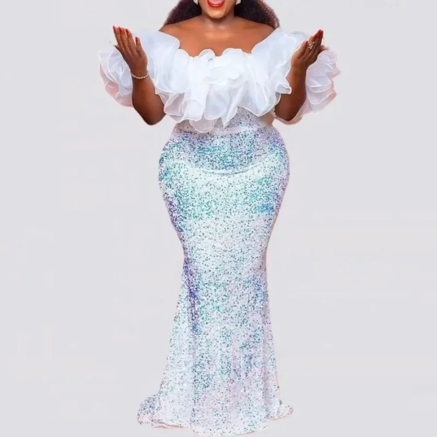 

Customized African Dresses For Women Sequins Party Dashiki Clothing Trumpet Mermaid Long Maxi Dress Robe Africaine Femme Clothes