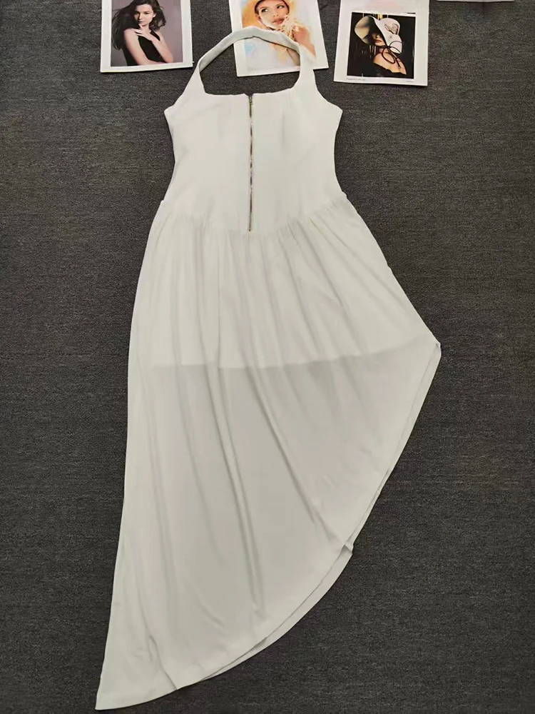 Abito halter senza maniche con spalle scoperte sexy in tinta unita Abito irregolare a pieghe sottile con cerniera moda donna estiva 2025