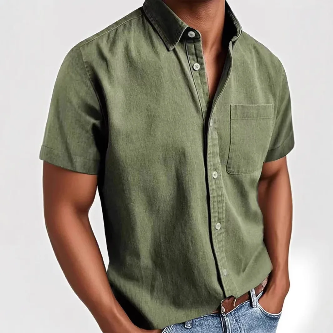 Summer Solid Lapel Single-Breasted Pocket Short Sleeve Washed Shirt Men's Casual Top