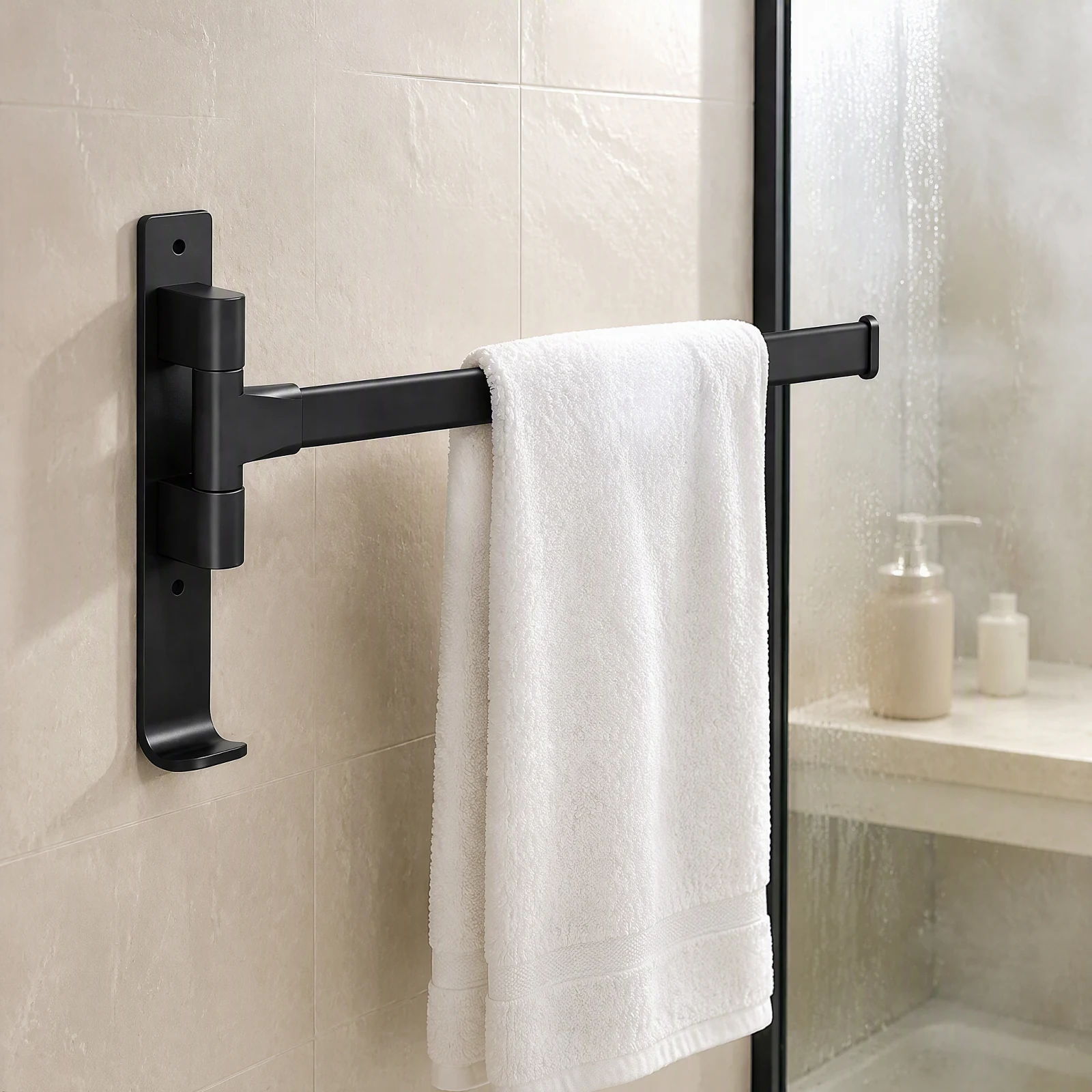 Wall Mounted Towel Bar Foldable No Drill Rotating Carbon Steel Multi-Rail Bathroom Space Saving Swivel Rack