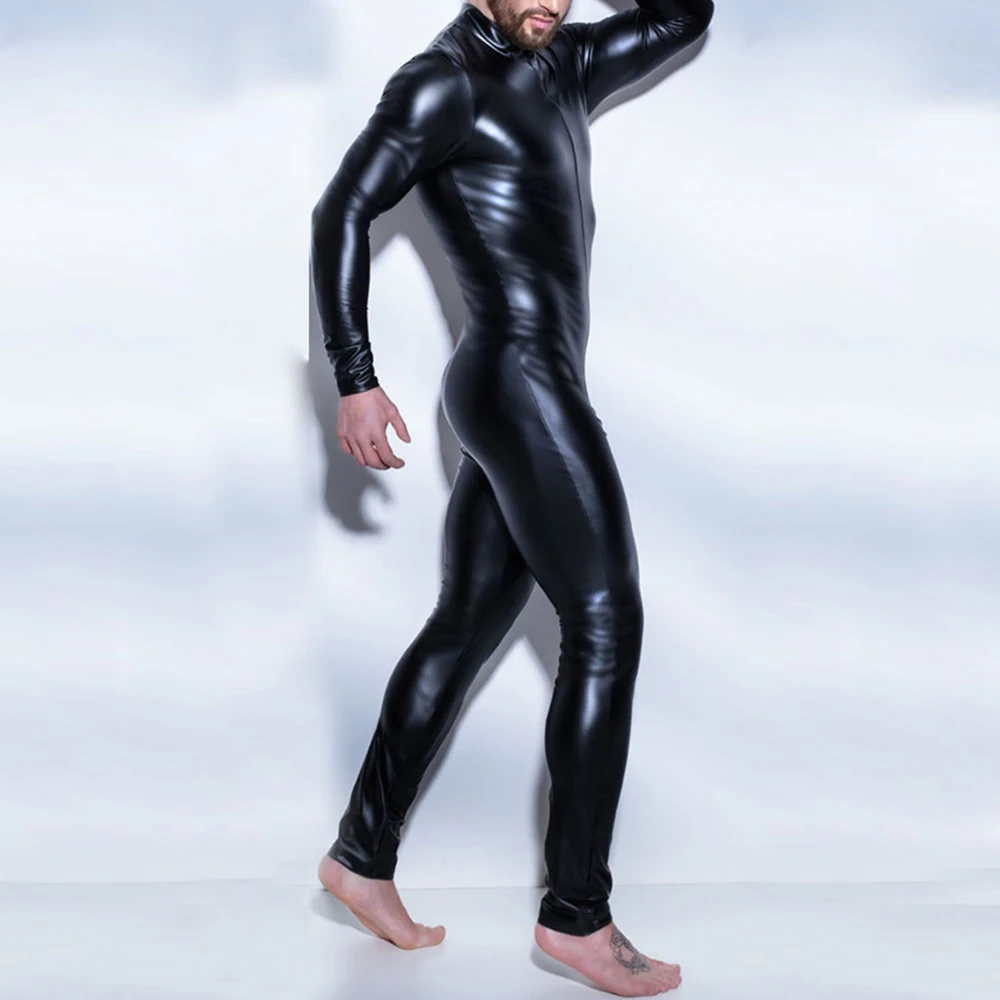 Rompers Jumpsuit ️Men 1pcs Black Bodysuit Clubwear Fashionable Leotard Patent Leather Wetlook Club Comfortable