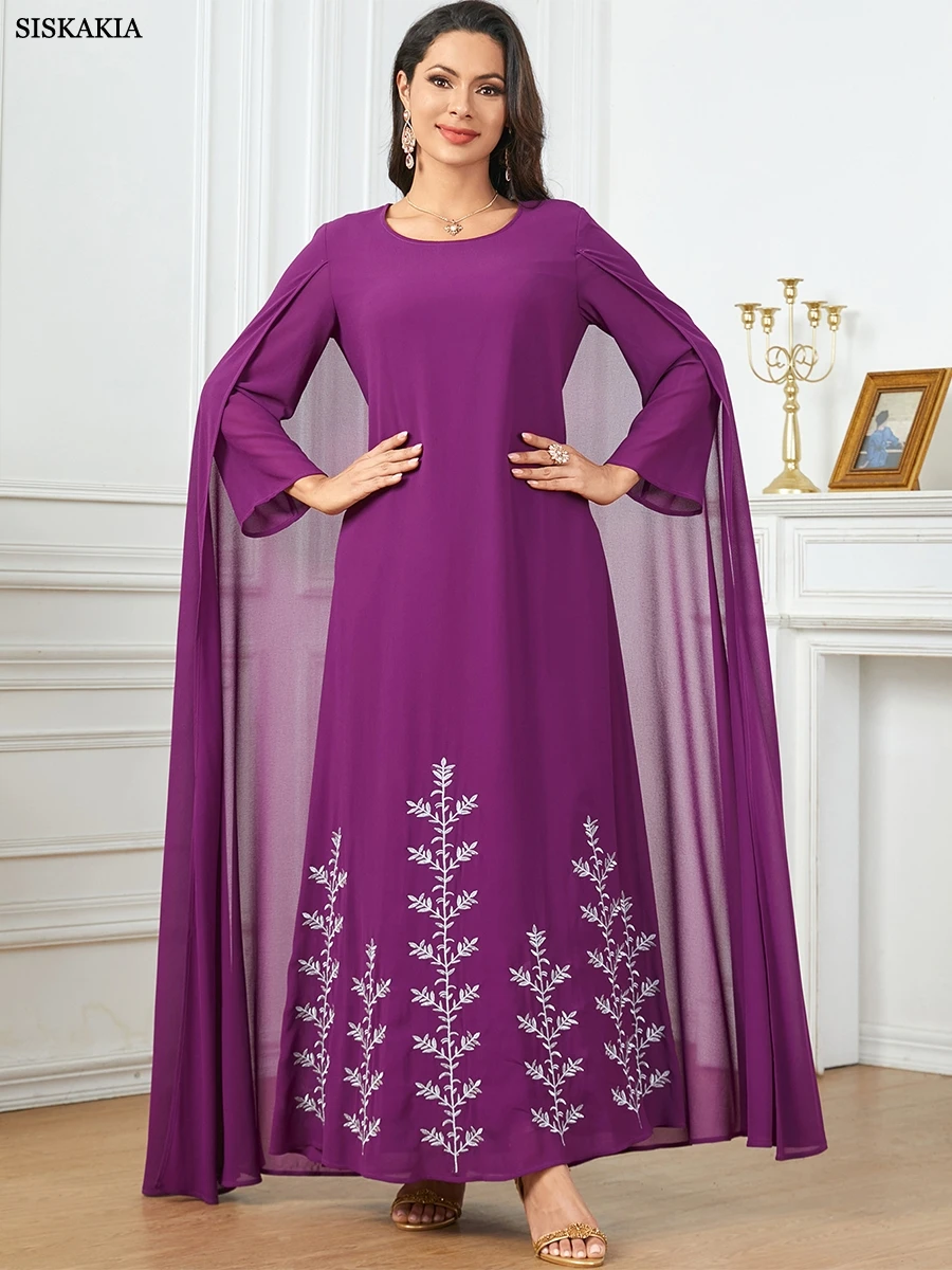 Sukienki Siskakia z długimi rękawami długa sukienka muzułmański haft z peleryną moda elegancki luźny kaftan Marocain Femme 2024