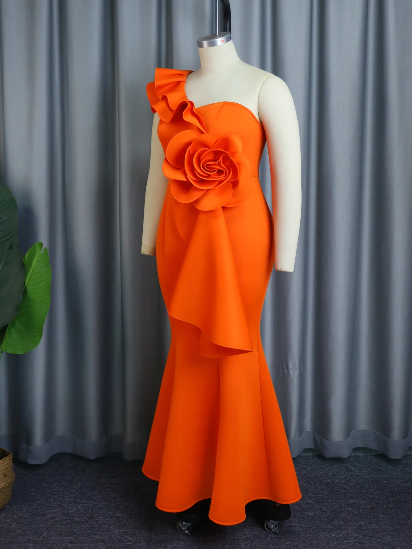 Orange Evening Dresses for Women One Shoulder Ruffles Flower Empire Bodycon Maxi Cocktail Large Size Event Gowns Outfits