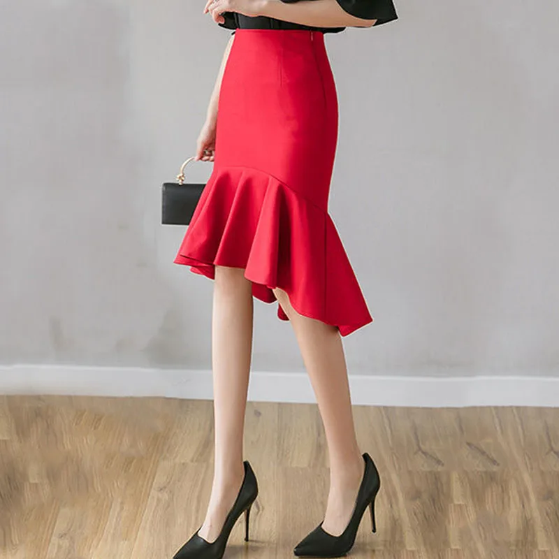 Elegant Fashion Ruffles Splicing Mermaid Skirt 2023 Summer New Office Lady Commute All-match Asymmetrical High Waist Knee Skirts