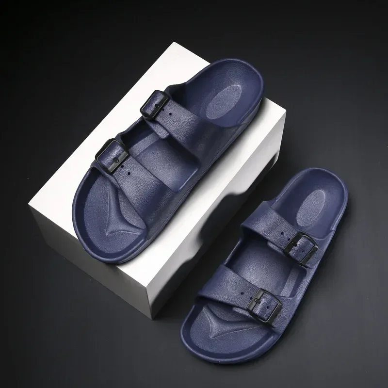 Double Buckle Men Sandals Bathroom Flip Flops Outdoor Slippers Soft EVA Beach Slippers Indoor Slides Solid Color Couple Shoes