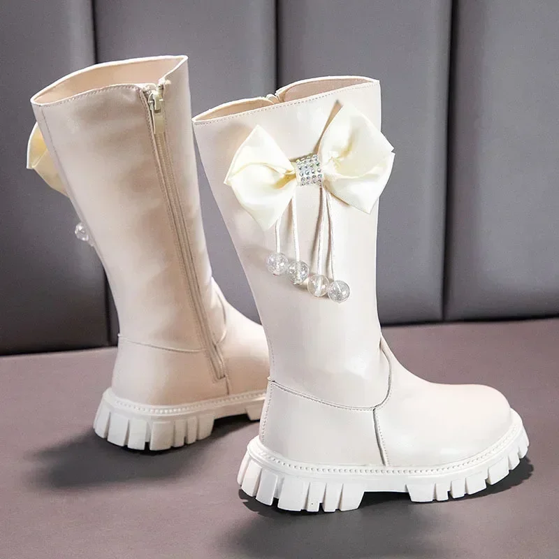 Knee Length Boots Children Shoes New 2024 Autumn Winter Fashion High Top Student Shoes Girls Princess Shoes with Bow Kids Boots