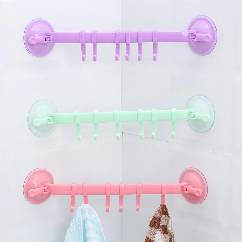 1PC Multi-Purpose 6 Hooks Plastic Suction Cup Type Hook 6 Rows for Kitchen Bathroom Corner Suspension Without Marks Hanger Hook