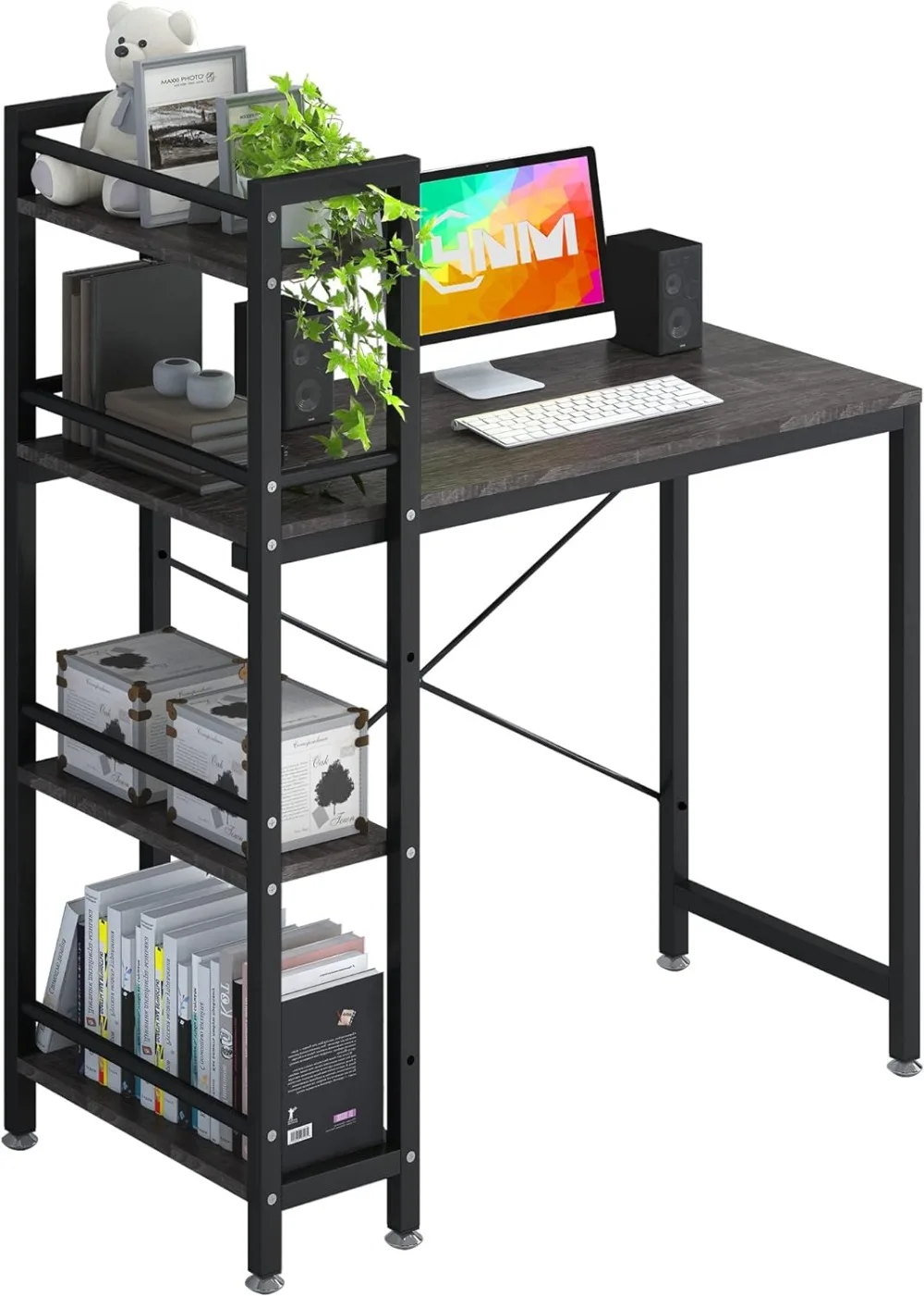 

4NM 35" Small Computer Desk with 4-Tier Bookshelf, Home Office Desk Writing Workstation Study Table Multipurpose for Small Space