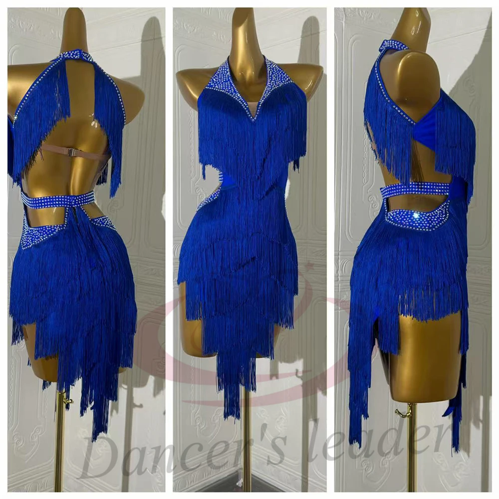فستان راقص لاتيني، فستان شرابة باللون الأزرق الداكن مخصص للبالغين والأطفال، فستان أداء تانجو سامبا AB Stone