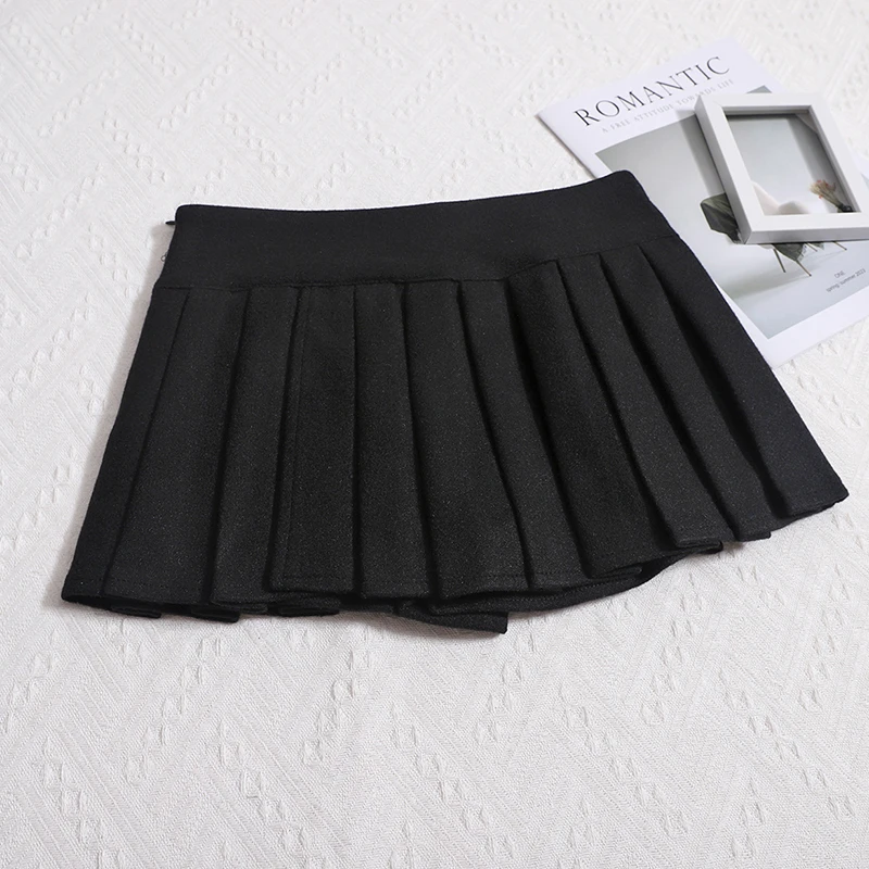Women's Wool Pleated Skirt Low Waisted Slit Side Boxy-pleat Mini Skirt Y2K Miniskirt Autumn Winter Teen-girl Skort Preppy Outfit