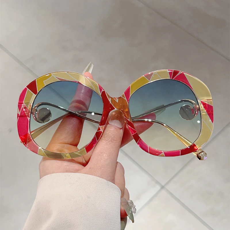 KAMMPT lunettes de soleil rondes surdimensionnées femmes 2025 nouvelle mode dégradé multicolore nuances avec perles à la mode marque Design lunettes de soleil