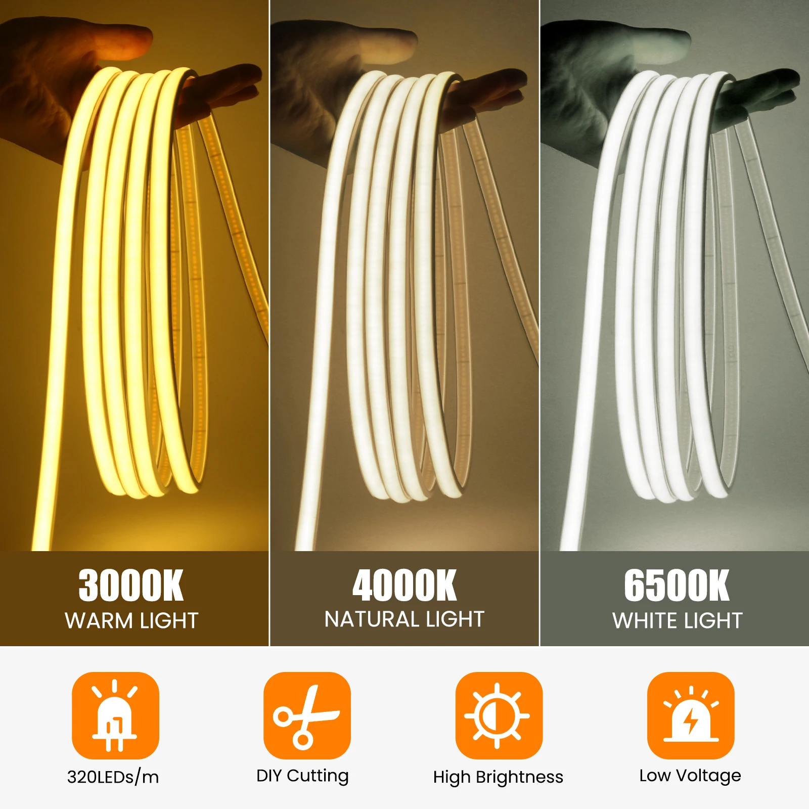 Imagem -04 - Tuya Inteligente Cob Neon Strip Light Iluminação Linear de Alta Densidade Fita Led Flexível Wifi Dimmer Fonte de Alimentação 12 v 24v 320leds por m 20m