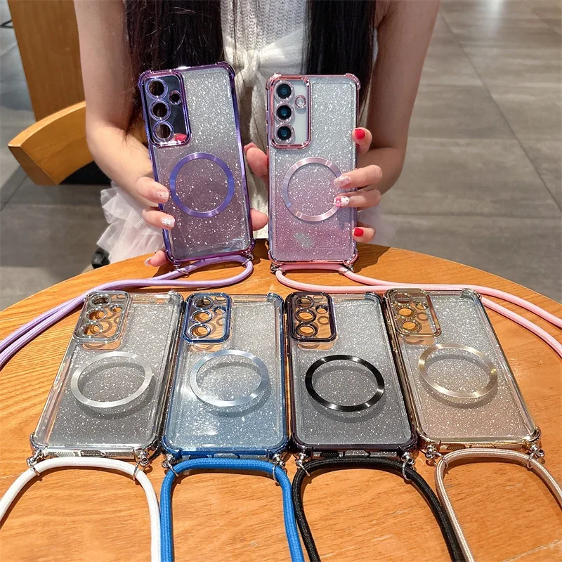 SR-طلاء واضح المغناطيسي حالات لسامسونج غالاكسي A36 A56 S25 S24 FE S23 الترا A36 A56 A16 Crossbody الحبل قلادة غطاء