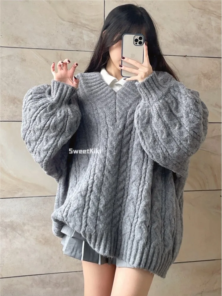 New Retro Solid Color Oversized Sweater Fashion Grey Loose V-Neck Sweater Women Korean Style Casual Simple Pullover Basic Tops