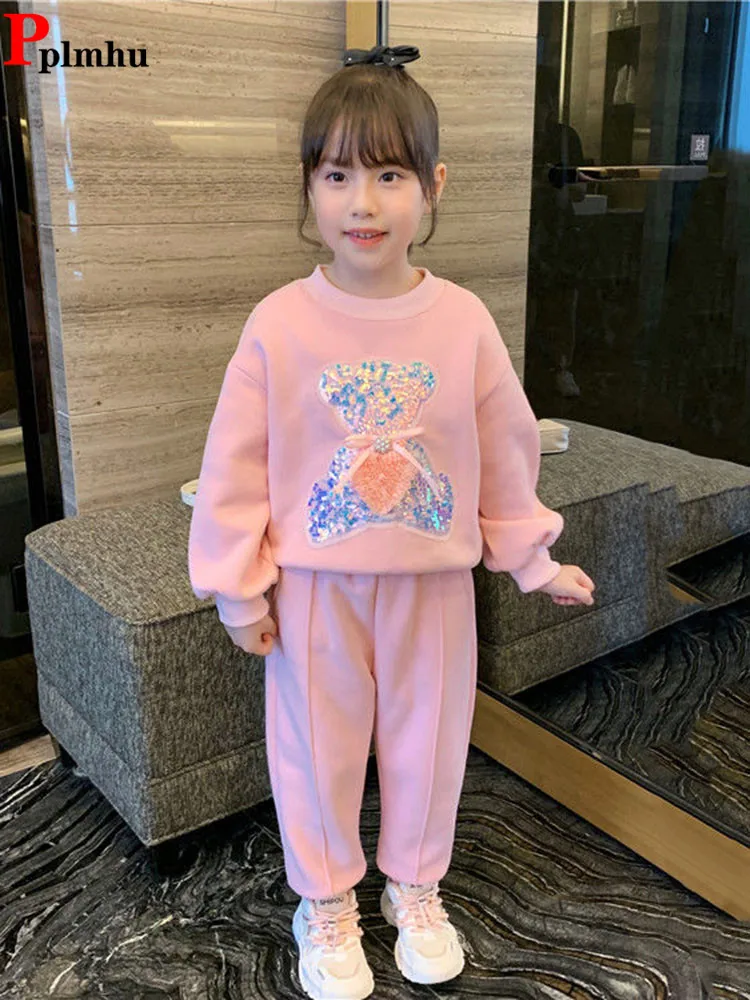 Children O-neck Print Sweatshirts Conjunto 2023 Girls Cute Bear Long Sleeve Pullover Tops Outfit Sweatpants Kids 2 Piece Sets