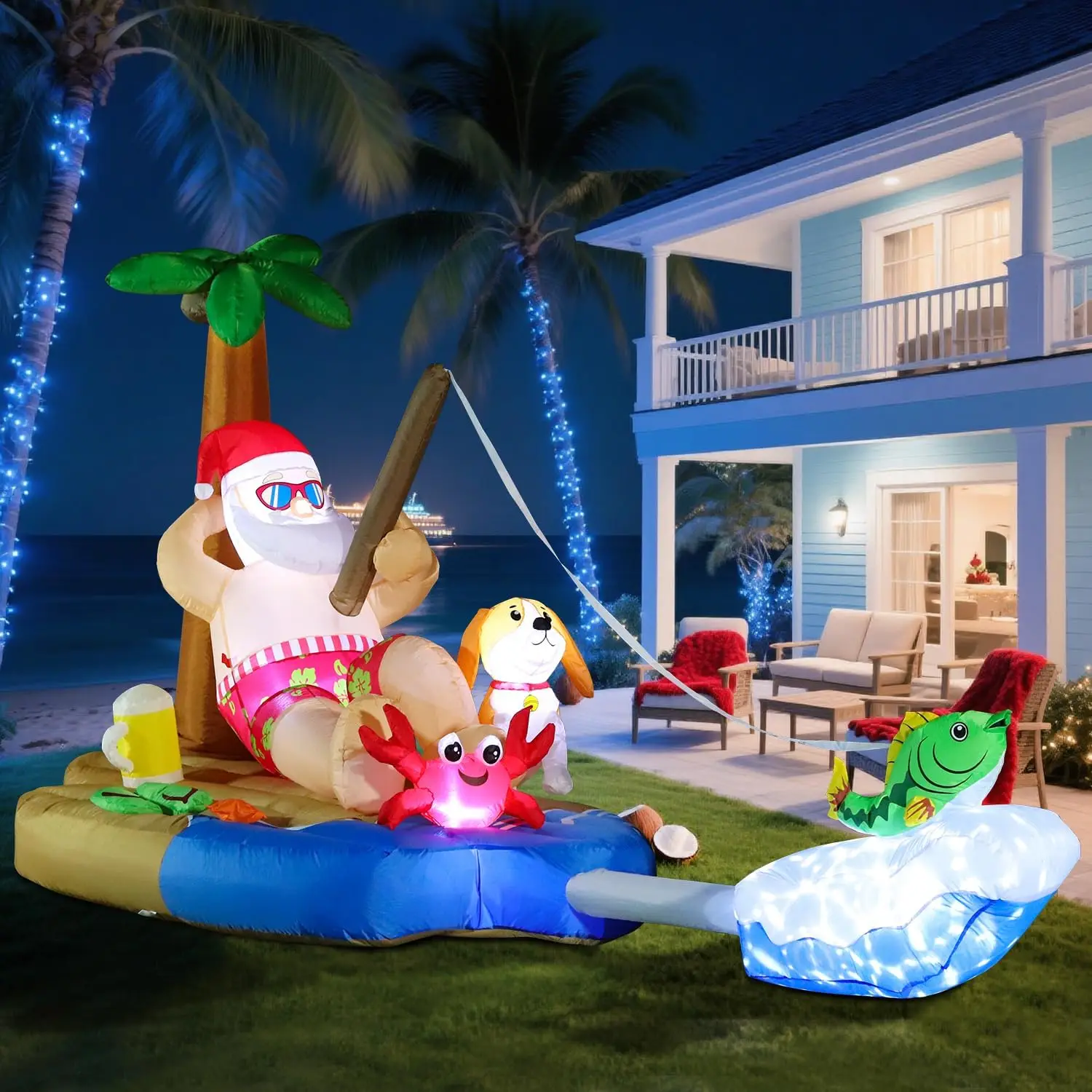 10FT Christmas Inflatable Decor, Blow-Up Santa Claus Fishing Beside a Palm Tree with Built-In LEDs, Christmas in July Yard Decoration