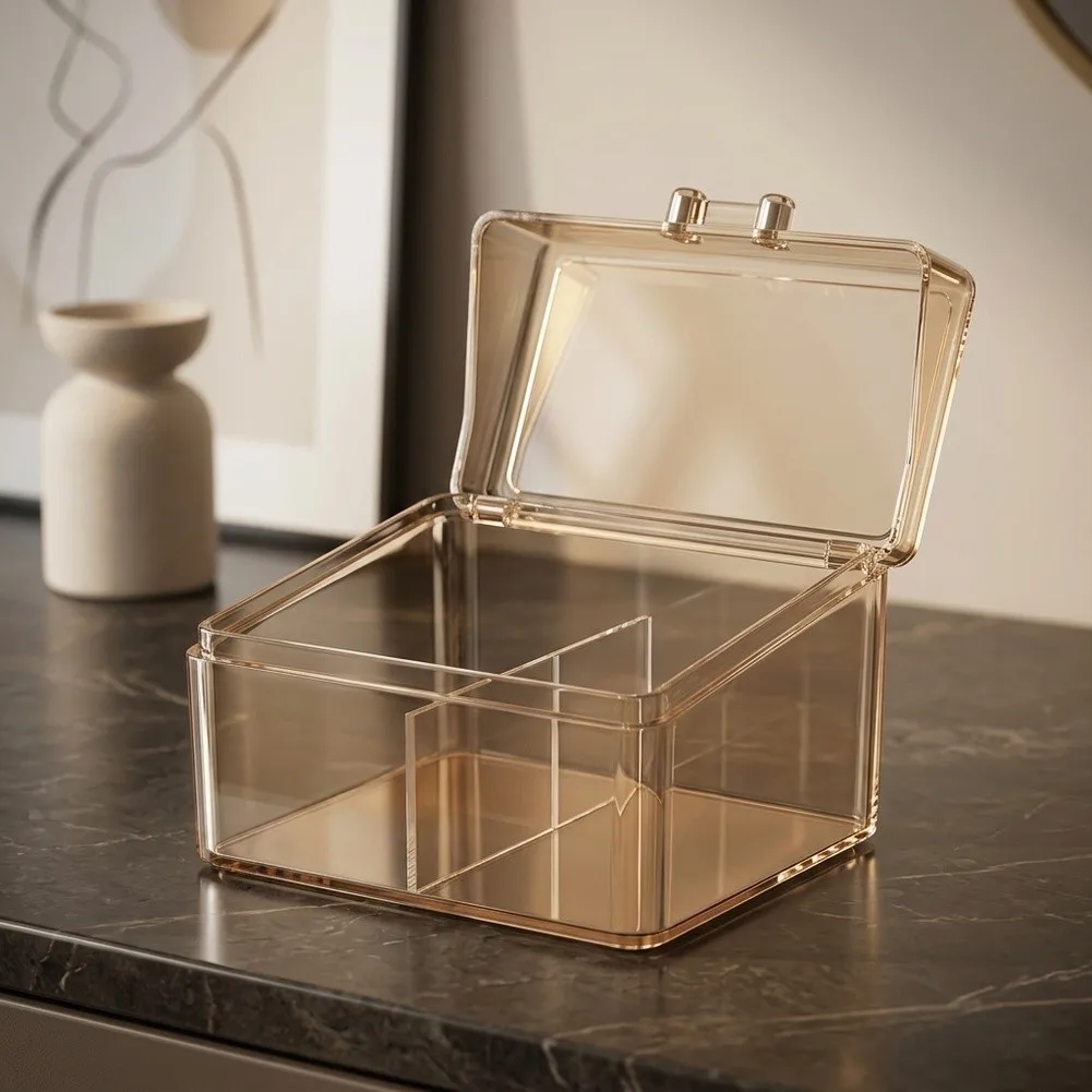 Cotton Swab Organizer Box Made of PET For Acrylic Style with Hinged Lid Dust for Bathroom Countertop 12x11x9cm Transparent