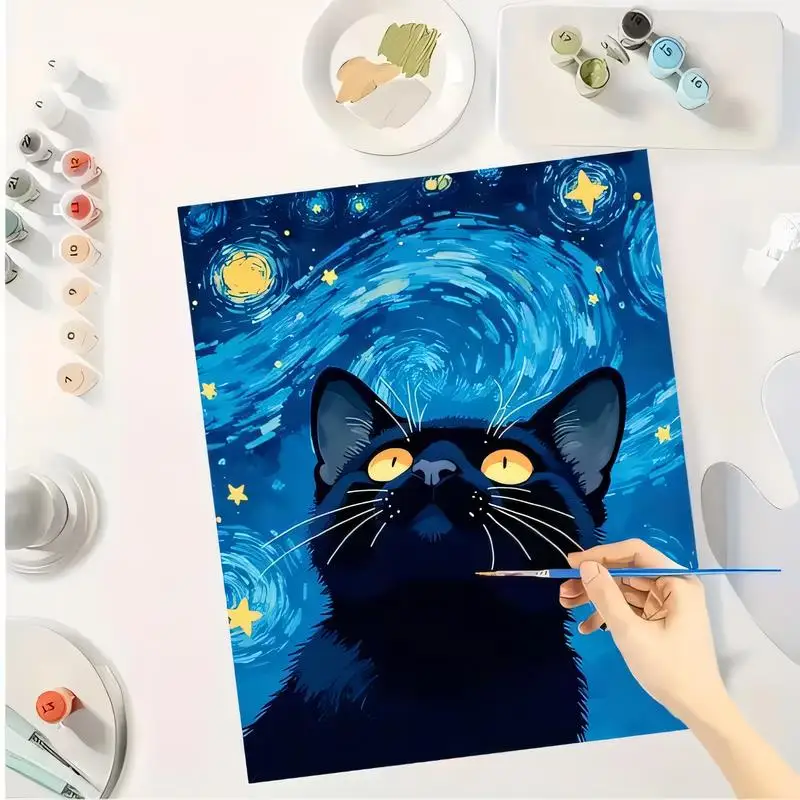 DIY Paint by Numbers: Black Cat Van Gogh Starry Night Canvas - Blue Swirl Sky, Yellow Stars, Acrylic, Home Decor/Art Lovers, Art