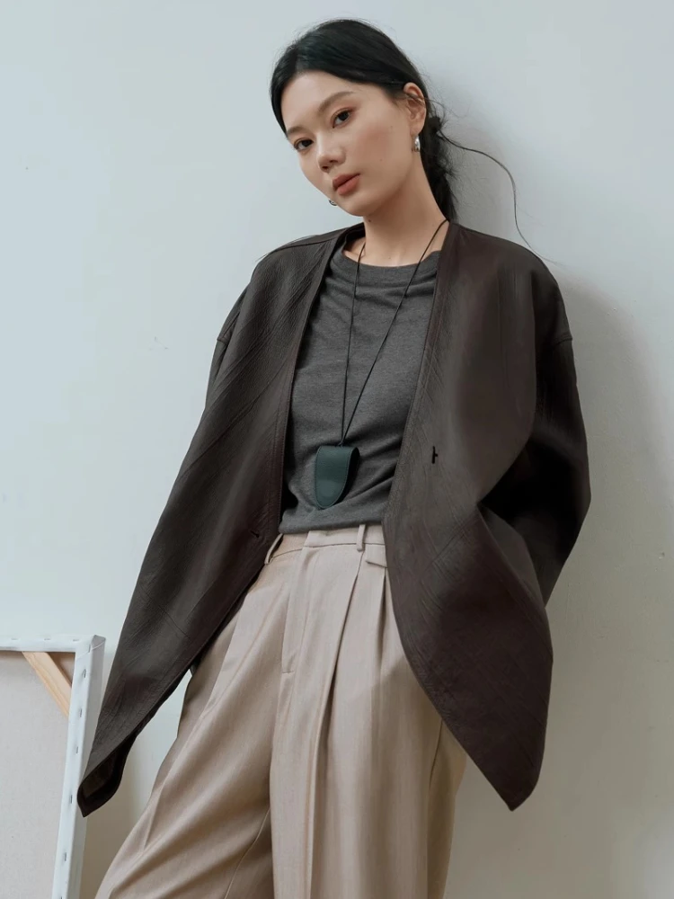 Vintage V-neck Genuine Leather Jackets for Women Spring Autumn High-end Simple Bark Texture Double-sided Real Sheepskin Coat