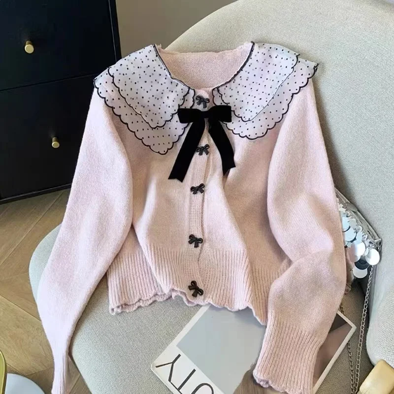 Autumn Winter  Collar Knitted Sweater top Fashion Solid Button Cute Cardigan Coat Sweet Korean Women Clothing