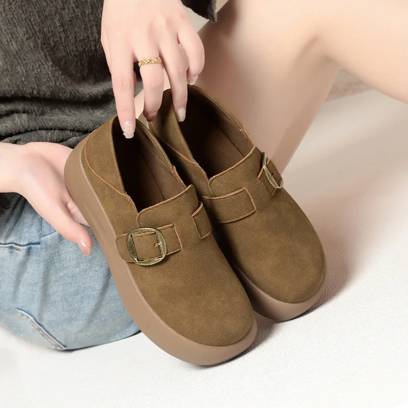 

Women Wedge Platform Shoes Adjustable Buckle Slip on Women's Loafers Suede Casual Thick Sole Moccasins Outdoor Walking Footwear
