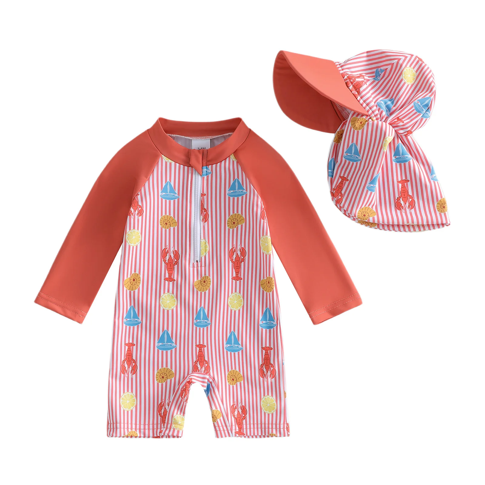 

Toddler Boy Rash Guard Swimsuit Shrimp Print Long Sleeves Front Zipper Striped Bathing Suit with Hat