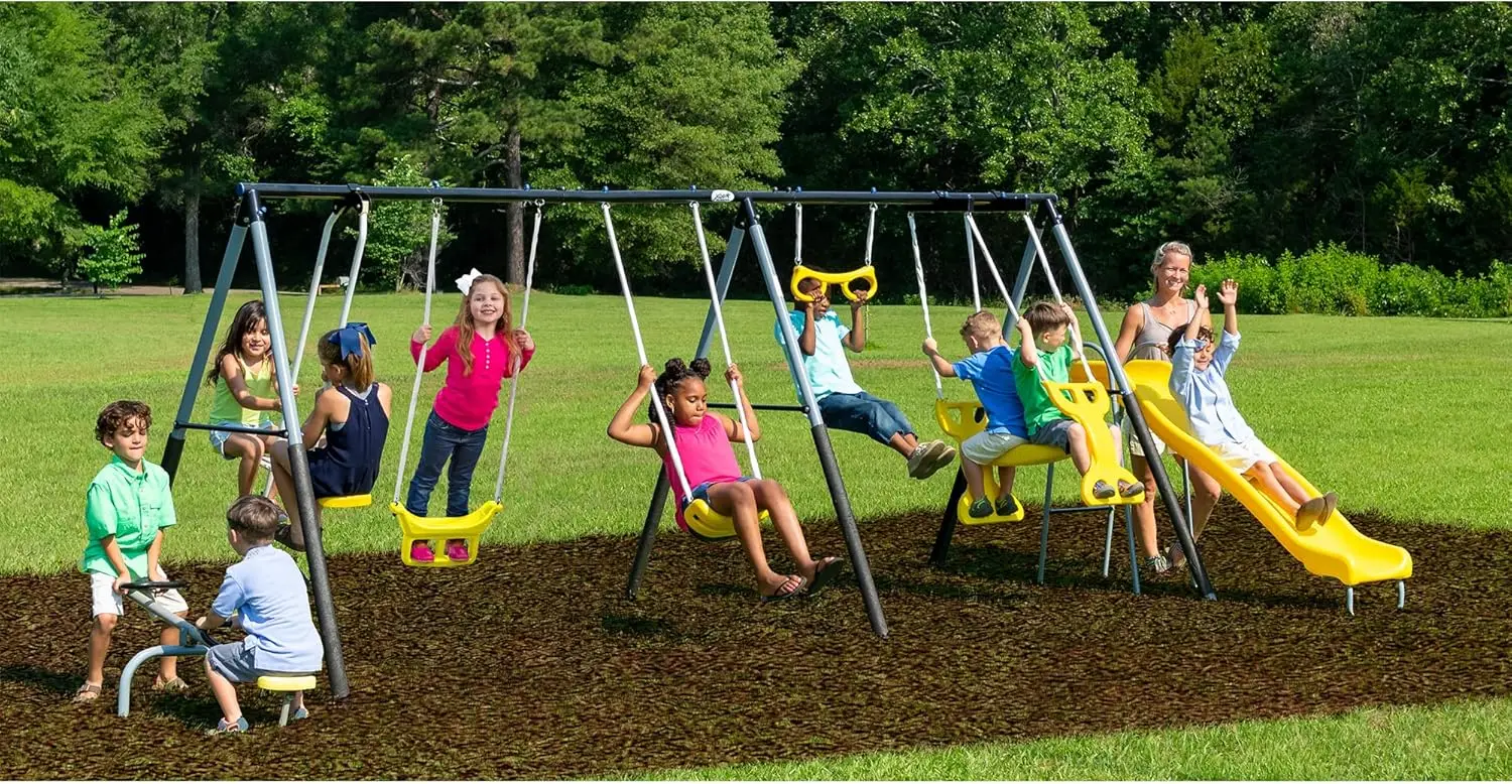 Rising Sun Playground Ensemble de balançoires pour enfants avec cadre en métal avec ensemble de jeu d'extérieur avec toboggan, voir scie, planeur et balançoires, jaune